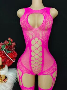 Hot Pink Lace Cutout Bodystocking W/Attached Stockings & Open Crotch (OS) 🔥💯